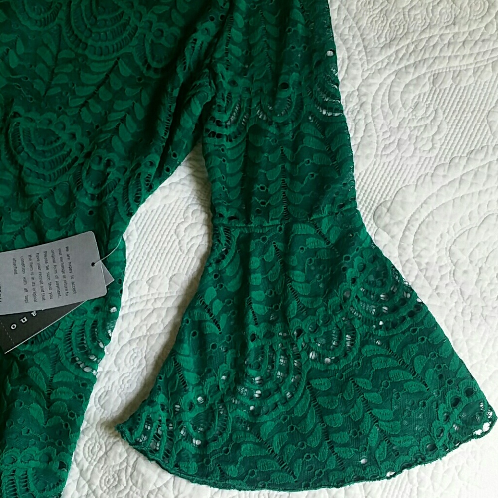 Women's Lace Dress Bell Sleeve Emerald Petite 4P